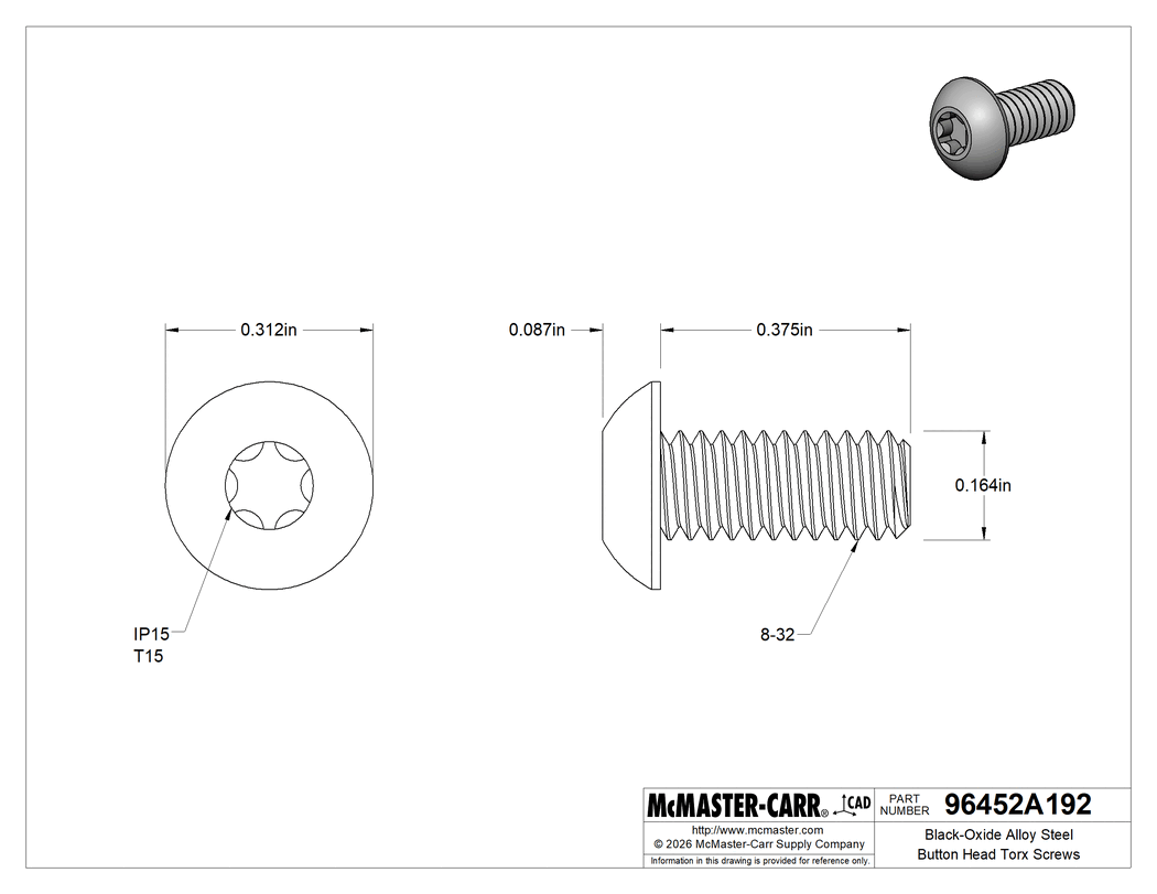 Technical Drawing of Black-Oxide Alloy Steel Button Head Torx Screws, 8-32 Thread, 3/8" Long.